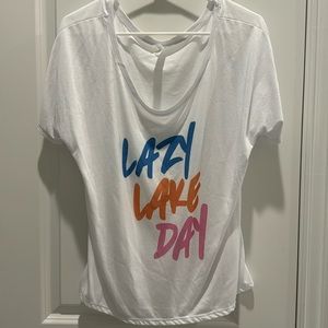 Off the shoulder printed Lazy Lake Day tee